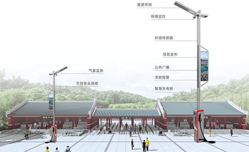 智慧路灯杆作为智慧景区业务的入口，具备智能迎宾、安防监控、环境感知、信息发布、景区广播、一键告警、智慧停车、充电管理等新型应用。